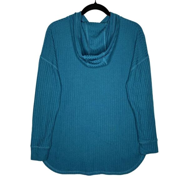 Chaser Waffle Knit Thermal Long Sleeve Hoodie Blue Medium Drop Shoulder Sweater - Picture 8 of 8